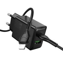 Заредете изображение във визуализатора на галерията – HOCO wall charger USB A + Type C + cable Type C to Type C 60W PD QC3.0 AFC 3A 30W N71 black
