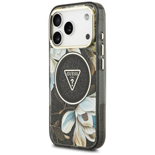 Заредете изображение във визуализатора на галерията – GUESS case for IPHONE 17 Pro compatible with MagSafe GUHMP17LHFLPEDK (IML Metal Glitter Flowers Triangle) black
