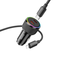 Заредете изображение във визуализатора на галерията – HOCO car charger 2 x Type C QC PD 50W + cable Type C to Lightning NZ14B black
