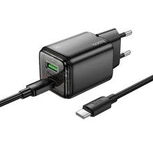 Заредете изображение във визуализатора на галерията – HOCO wall charger USB A + Type C + cable Type C to Type C PD QC3.0 3A 20W N34 transparnent
