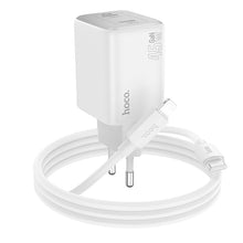 Заредете изображение във визуализатора на галерията – HOCO charger 2 x Type C +  cable Type C to Lightning PD QC 45W GaN N42 white
