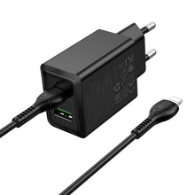 Заредете изображение във визуализатора на галерията – HOCO wall charger USB A + Type C + cable Type C to Type C 60W PD QC3.0 AFC 3A 30W N71 black
