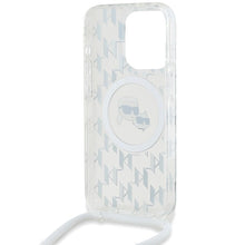 Заредете изображение във визуализатора на галерията – Karl Lagerfeld IML Crossbody Monogram Karl &amp; Choupette Head MagSafe Case for iPhone 15 Pro - Transparent
