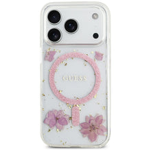 Заредете изображение във визуализатора на галерията – GUESS case for IPHONE 17 Pro compatible with MagSafe GUHMP17LRBFGFGMP (Resin Flowers and Glitter) pink
