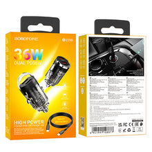 Заредете изображение във визуализатора на галерията – Borofone Car charger BZ29B Outstanding - 2xType C - PD 36W 3A with Type C to Lightning cable transparent-black
