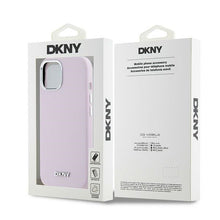 Заредете изображение във визуализатора на галерията – DKNY case for IPHONE 15 Plus compatible with MagSafe DKHMP15MSMCHLP (DKNY HC MagSafe Silicone W/Horizontal Metal Logo) pink
