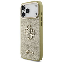 Заредете изображение във визуализатора на галерията – GUESS case for IPHONE 17 Pro Max GUHCP17XHG4SGCD (Fixed Glitter Big 4G Metal Frame) gold
