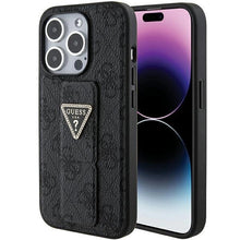 Заредете изображение във визуализатора на галерията – Guess Grip Stand 4G Triangle Strass case for iPhone 15 Pro - black
