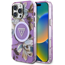 Заредете изображение във визуализатора на галерията – GUESS case for IPHONE 16 Pro Max compatible with MagSafe GUHMP16XHFLPEDU (IML Metal Glitter Flowers Triangle) purple
