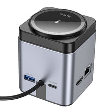 Заредете изображение във визуализатора на галерията – HOCO adapter HUB 9in1 Type C with wireless charger HB49 metal gray

