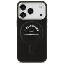 Заредете изображение във визуализатора на галерията – KARL LAGERFELD case for IPHONE 17 Pro compatible with MagSafe KLHMP17LPSKRSGEK (PU W/ Karl RSG Logo) black
