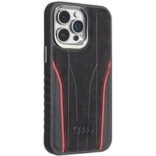 Заредете изображение във визуализатора на галерията – Audi Genuine Leather case with MagSafe for iPhone 15 Pro Max - black and red
