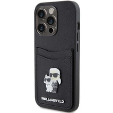 Заредете изображение във визуализатора на галерията – Karl Lagerfeld Saffiano Cardslot Karl&amp;Choupette Metal Pin case for iPhone 15 Pro - black
