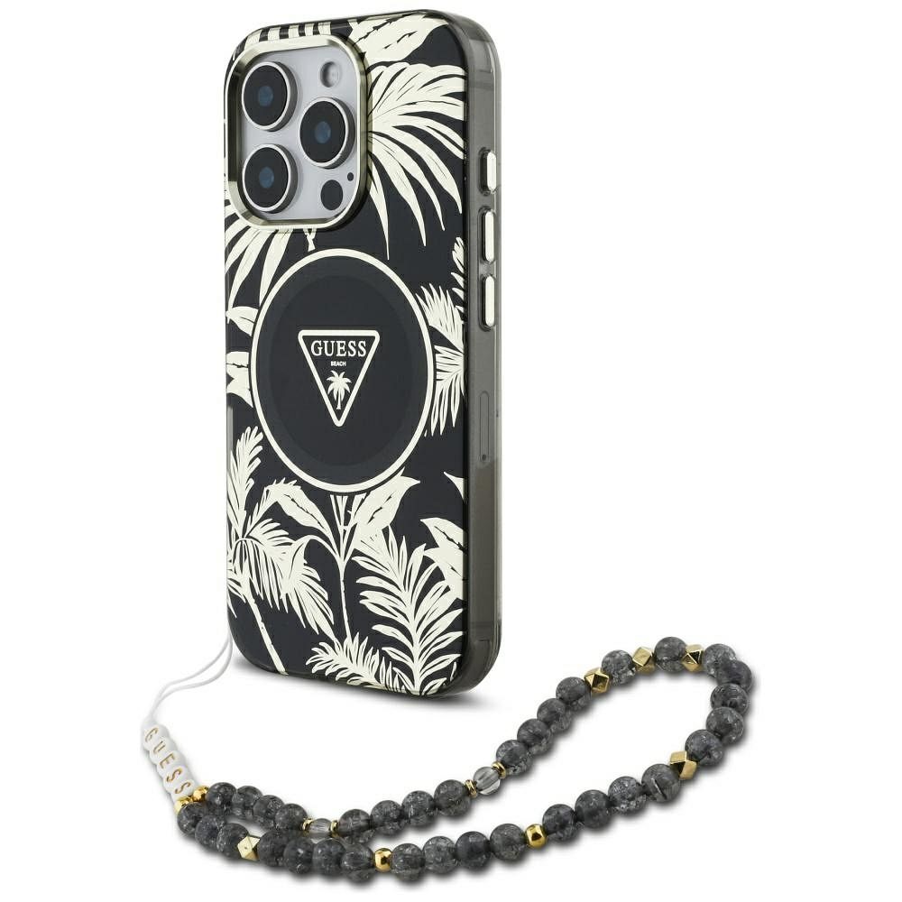GUESS case for IPHONE 16 Pro compatible with MagSafe GUHMP16LHPCTPLSK (IML Palm Trees Triangle W/ Pearl Strap) black