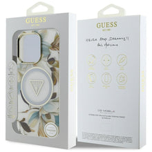 Заредете изображение във визуализатора на галерията – GUESS case for IPHONE 16 Pro Max compatible with MagSafe GUHMP16XHFLPEDH (IML Metal Glitter Flowers Triangle) white
