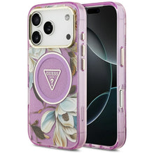 Заредете изображение във визуализатора на галерията – GUESS case for IPHONE 17 Pro compatible with MagSafe GUHMP17LHFLPEDU (IML Metal Glitter Flowers Triangle) purple
