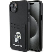 Заредете изображение във визуализатора на галерията – Karl Lagerfeld Saffiano Cardslot Karl&amp;Choupette Metal Pin case for iPhone 15 - black
