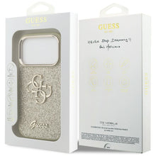 Заредете изображение във визуализатора на галерията – GUESS case for IPHONE 17 Pro GUHCP17LHG4SGCD (Fixed Glitter Big 4G Metal Frame) gold
