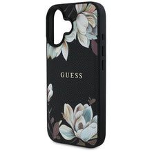 Заредете изображение във визуализатора на галерията – GUESS case for IPHONE 16 compatible with MagSafe GUHMP16SPGNMPLMK (PU Grained Flowers Classic Logo) black
