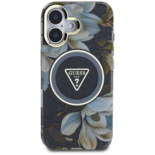 Заредете изображение във визуализатора на галерията – GUESS case for IPHONE 16 compatible with MagSafe GUHMP16SHFLPEDK (IML Metal Glitter Flowers Triangle) black

