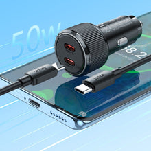 Заредете изображение във визуализатора на галерията – HOCO car charger 2 x Type C QC PD 50W + cable Type C to Type C NZ14B black
