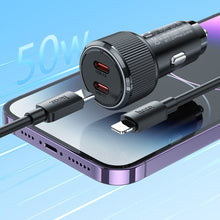 Заредете изображение във визуализатора на галерията – HOCO car charger 2 x Type C QC PD 50W + cable Type C to Lightning NZ14B black
