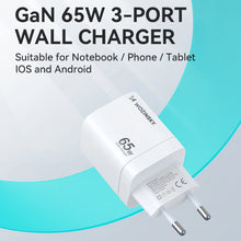 Заредете изображение във визуализатора на галерията – Wozinsky CGWCW 65W USB-A / 2 x USB-C GaN wall charger - white
