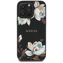 Заредете изображение във визуализатора на галерията – GUESS case for IPHONE 16 Pro Max compatible with MagSafe GUHMP16XPGNMPLMK (PU Grained Flowers Classic Logo) black
