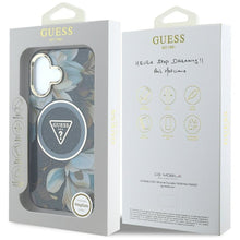 Заредете изображение във визуализатора на галерията – GUESS case for IPHONE 16 compatible with MagSafe GUHMP16SHFLPEDK (IML Metal Glitter Flowers Triangle) black
