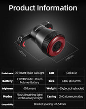 Заредете изображение във визуализатора на галерията – Rockbros Q5 rear bicycle light with intelligent stop system - black
