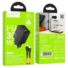 Заредете изображение във визуализатора на галерията – HOCO wall charger USB A + Type C + cable Type C to Type C 60W PD QC3.0 AFC 3A 30W N71 black
