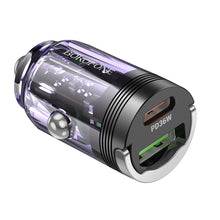 Заредете изображение във визуализатора на галерията – Borofone Car charger BZ29A Talented - USB + Type C - QC 3.0 PD 36W 3A transparent-purple
