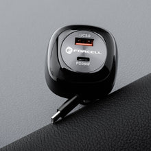 Заредете изображение във визуализатора на галерията – FORCELL F-ENERGY Alu car charger with retractable cable Type C and Type C + USB A sockets PD QC4.0 SFC2.0 3A 75W black

