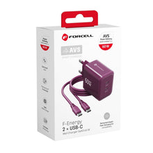 Заредете изображение във визуализатора на галерията – Phone charger Forcell F-Energy GaN III Crystal Color 2x USB C AVS SSFC3.0 60W + silicone cable USB C to USB C VT-60 burgund
