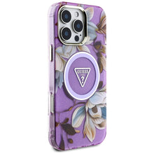 Заредете изображение във визуализатора на галерията – GUESS case for IPHONE 16 Pro Max compatible with MagSafe GUHMP16XHFLPEDU (IML Metal Glitter Flowers Triangle) purple
