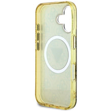 Заредете изображение във визуализатора на галерията – GUESS case for IPHONE 16 compatible with MagSafe GUHMP16SHG4PRTGW (IML Metal Glitter 4G Circle Triangle) brown
