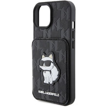 Заредете изображение във визуализатора на галерията – Karl Lagerfeld Saffiano Cardslots and Stand Monogram Choupette case for iPhone 15 - black
