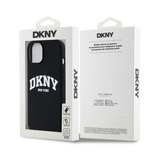 Заредете изображение във визуализатора на галерията – DKNY case for IPHONE 15 compatible with MagSafe DKHMP15SSNYACH (DKNY HC MagSafe Silicone W/White Arch Logo) black
