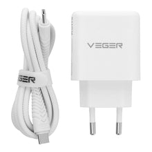 Заредете изображение във визуализатора на галерията – Phone charger VEGER USB A + Typ C PD QC3.0 3,25A 65W + cable USB C to USB C TR67 white
