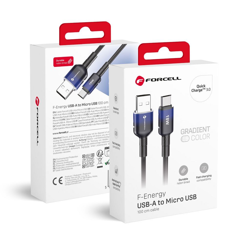 FORCELL F-ENERGY C351 cable USB A to Micro USB QC3.0 2,4A 18W Gradient 1 m black