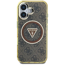 Заредете изображение във визуализатора на галерията – GUESS case for IPHONE 16 compatible with MagSafe GUHMP16SHG4PRTGW (IML Metal Glitter 4G Circle Triangle) brown

