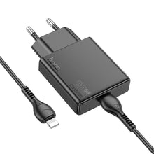 Заредете изображение във визуализатора на галерията – HOCO slim wall charger Type C + cable Type C to Lightning PD QC 30W N37 black
