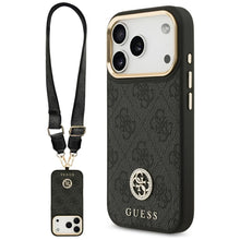 Заредете изображение във визуализатора на галерията – GUESS case for IPHONE 17 Pro compatible with MagSafe GUHMP17LP4G4DCSK (PU W/ Strass Logo &amp; Big Strap Metal Buttons) black
