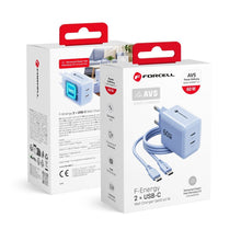 Заредете изображение във визуализатора на галерията – Phone charger Forcell F-Energy GaN III Crystal Color 2x USB C AVS SSFC3.0 60W + silicone cable USB C to USB C VT-60 blue
