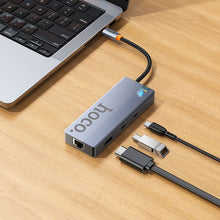 Заредете изображение във визуализатора на галерията – Adapter HUB 8w1 (HDTV+RJ45+SD/TF+PD+Type-C 3.0+USB 3.0 x 2) USB-C Hoco HB52 grey
