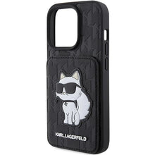 Заредете изображение във визуализатора на галерията – Karl Lagerfeld Saffiano Cardslots and Stand Monogram Choupette Case for iPhone 15 Pro Max - Black
