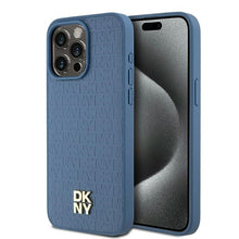 Заредете изображение във визуализатора на галерията – Original Case DKNY hardcase Leather Monogram Pattern Metal Logo MagSafe DKHMP15XPSHRPSB for Iphone 15 Pro Max blue
