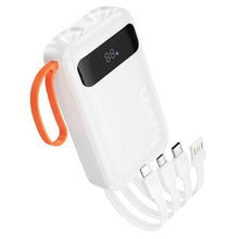 Заредете изображение във визуализатора на галерията – Powerbank Hoco 10000 mAh with built-in cables USB A + USB C+ Lightning + Micro USB and double light J151 white
