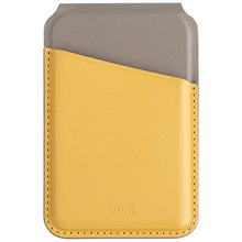 Заредете изображение във визуализатора на галерията – Uniq Lyden DS magnetic RFID wallet with phone stand - yellow-gray
