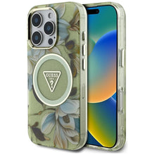 Заредете изображение във визуализатора на галерията – GUESS case for IPHONE 16 Pro compatible with MagSafe GUHMP16LHFLPEDN (IML Metal Glitter Flowers Triangle) green
